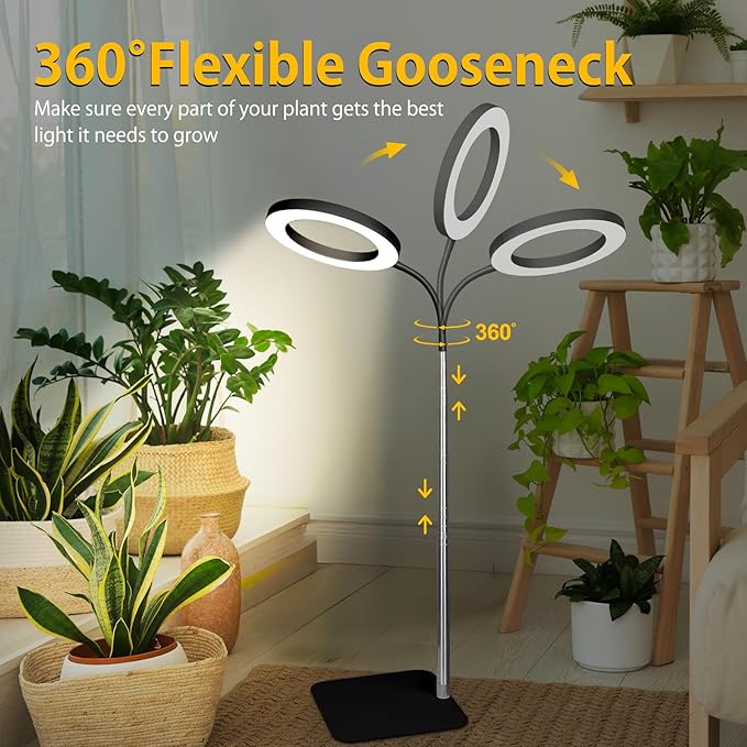 Grow Lights for Indoor Plants - Full Spectrum LED Halo Growing Lamp with Base & Groud Stake, Height Adjustable (16-67"), 3CCT, 10 Dimming, 3H/9H/12H Auto Timer - Black (NO Adapter)