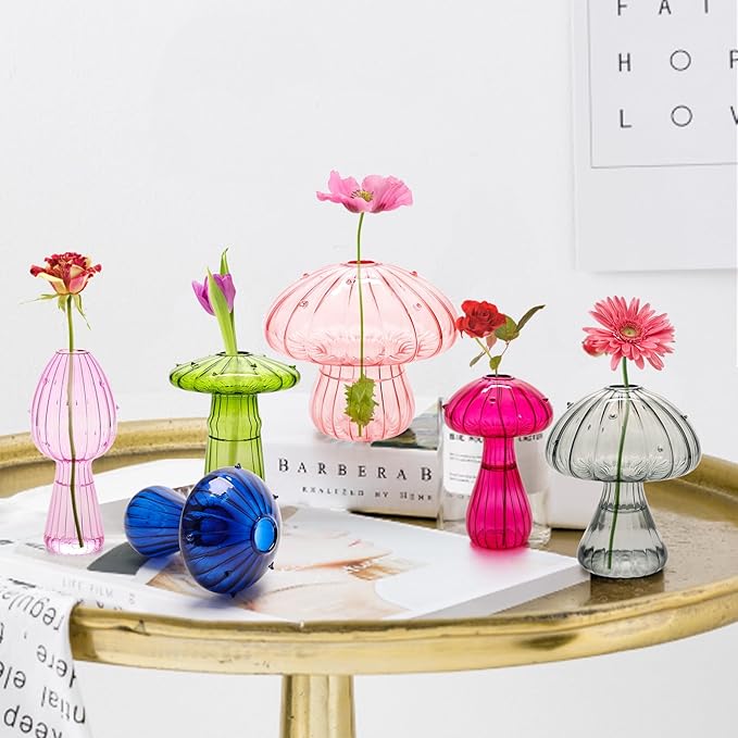 6Pcs Mushroom Vase, Colored Glass Mushroom Propagation Vases for Plants, Cute Hydroponic Flower Small Bud Vase Home Office Decor for Women Gift Propagation Station(Color 6)