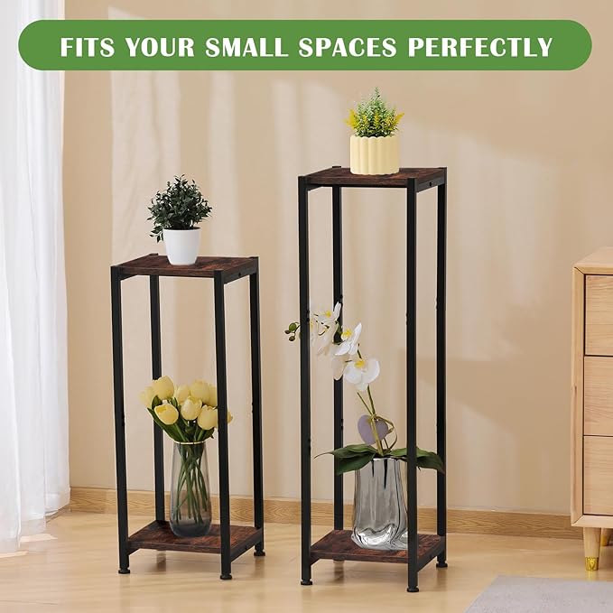 Extra Tall Plant Stand Indoor,40 Inch Plant Stands,2 Tier Metal Plant Stand with Heavy Duty Wood,Rustic Brown and Black