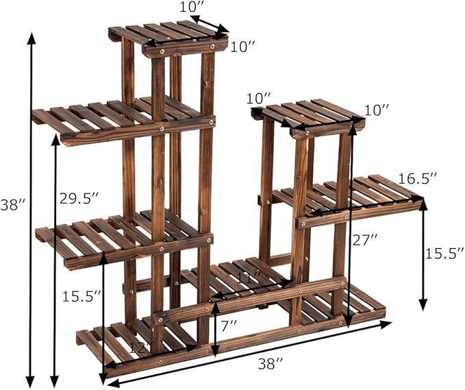 Giantex Flower Rack Wood Plant Stand 7 Wood Shelves 13 Pots Bonsai Display Shelf Indoor Outdoor Yard Garden Patio Balcony Living Room Multifunctional Storage Rack Bookshelf W/Hollow-Out Rack