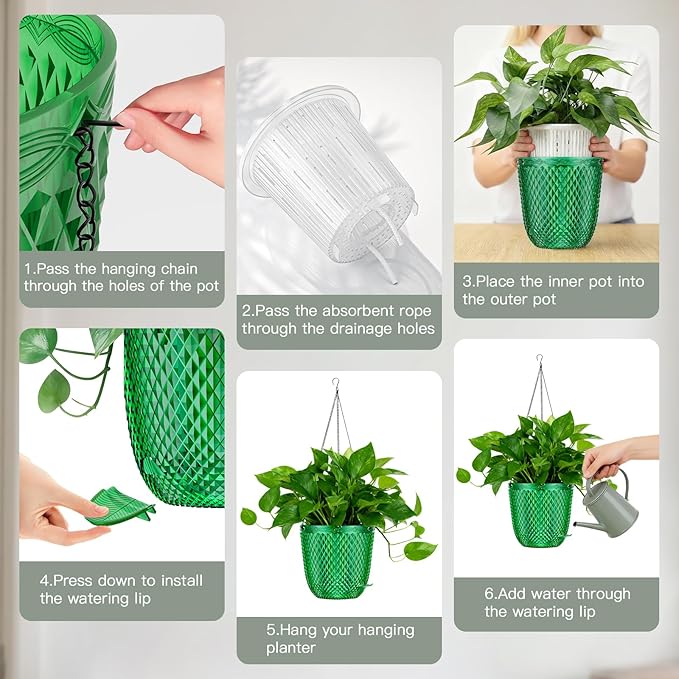 QCQHDU Self Watering Hanging Pots, 2 Pack 7.2 Inch Hanging Planters for Plants Indoor, Outdoor Flower Pots with Drainage Holes and 3 Hooks Chains for Garden Home (Emerald)