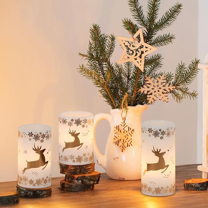 GenSwin Christmas Flameless LED Flickering Candles, Real Wax, Gold Deer, 3 Pack Pillar Fake Candles for Winter Indoor Fireplace Decor (D3' x H4'5'6')