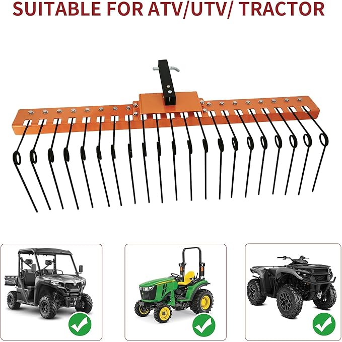 48" Durable Pine Straw Rake Steel Spring Landscape Rake Fits 2" Receiver for Lawn Tractors or ATV/UTV，Orange