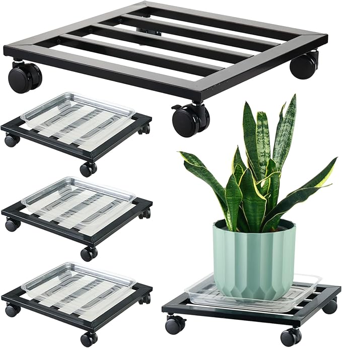 3 Packs 12 inches Large Metal Plant Caddy with PU Wheels Square Planter Dolly Pot Mover Rollers Iron Rolling Plant Stands Indoor Outdoor Plant Holder Coaster Trolley, Black