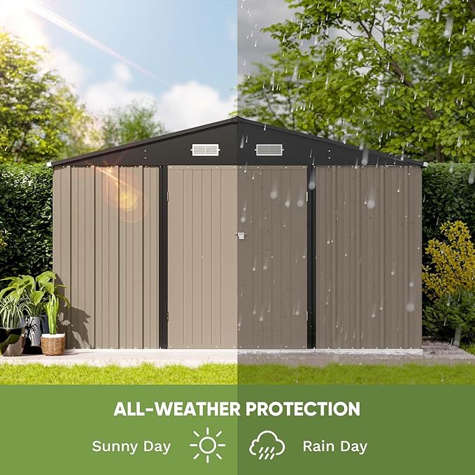 Patiolife Outdoor Storage Shed 10x8 FT with Floor Frame, Garden Tool Metal Shed with Sloping Roof and Double Lockable Door for Backyard Garden & Patio, Brown