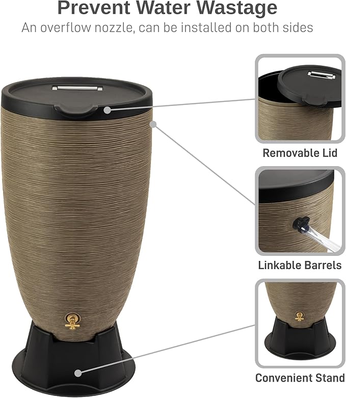 RTS Home Accents 50-Gallon Newport Rain Barrel with Stand and Removable Lid, Sandstone Color