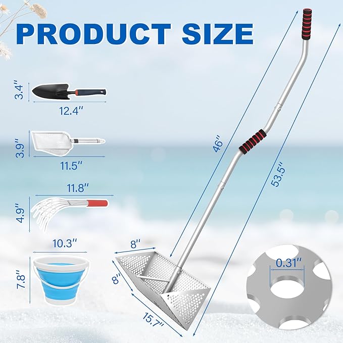 Sand Sifter, 304 Stainless Steel, 16'' Basket with Sharp Teeth, 60" Ergonomic Handle | Equipped with Clam Rake, Sand Flea Sifter, Black Beach Shovel and 5L Bucket