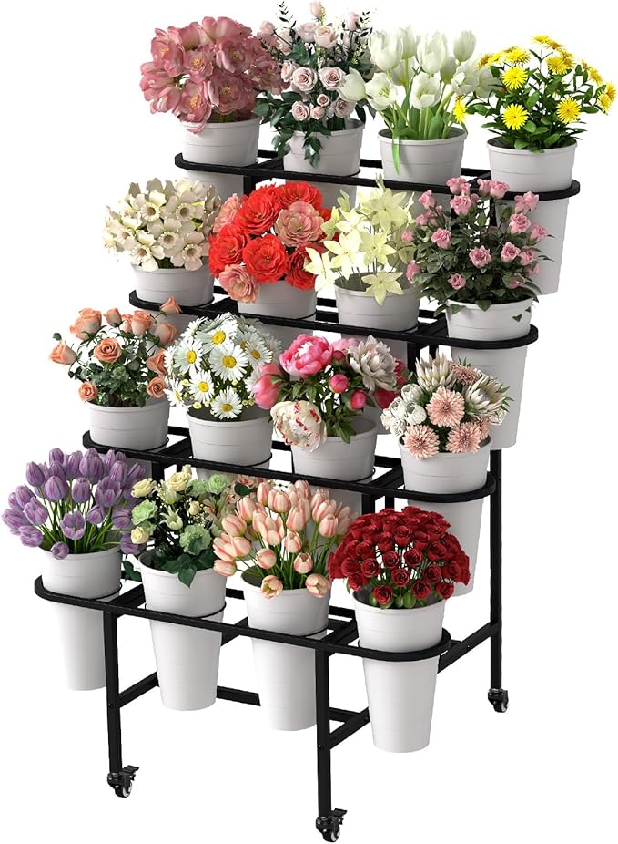 4 Tier Flower Display Stand, Metal Flower Bar Stand for Fresh Flowers Without 16pcs Buckets, Heavy Duty Garden Flower Cart Display Stand with Wheels