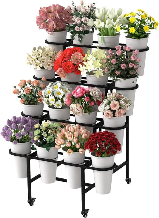 4 Tier Flower Display Stand, Metal Flower Bar Stand for Fresh Flowers Without 16pcs Buckets, Heavy Duty Garden Flower Cart Display Stand with Wheels