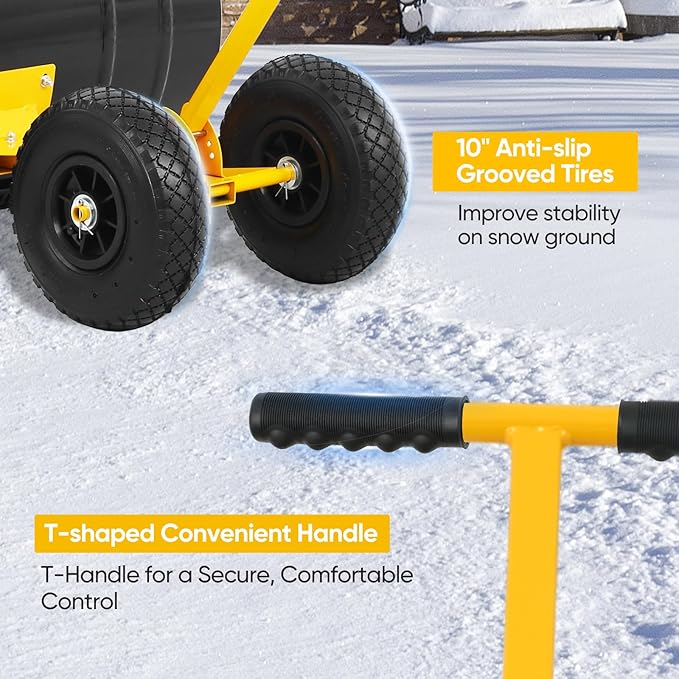 EAGLE PEAK Wheeled Snow Shovel for Driveway, Personal Snow Pusher with Wheels, Adjustable Plow Angle, Ergonomic Handle, Heavy Duty 29”x16.5” Blade, Single Rod Plow Shovel, Yellow