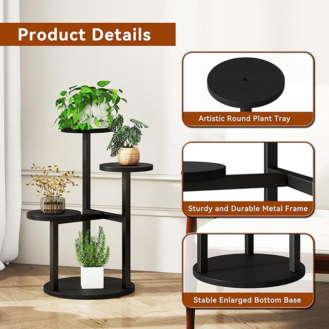 IBUYKE 4 Tier Plant Stand Indoor, Metal Wood Plant Shelf for Multiple Plants, Small Tiered Corner Flower Pot Stand for Living Room Patio Balcony Garden, Black TMJ073B