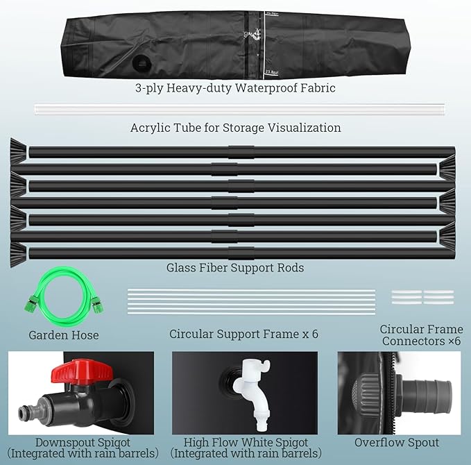 100 Gallon Collapsible Rain Barrel for Garden/Outside/Lawn, Portable Rainwater Collection System, Rain Barrel to Collect Rainwater from Gutter, Water Storage Tank with Two Spigots, Overflow Kit, Black