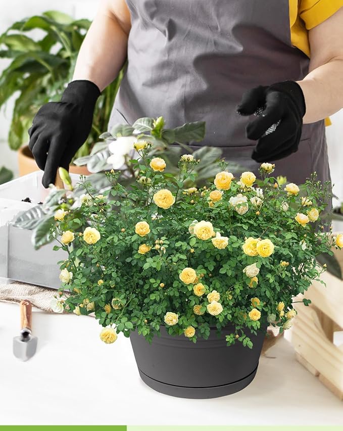 VIDELLY 4 Pcs Hanging Planters,10" Hanging Pots Plastic Hanging Flower Plant Basket Pots with Drainage Trays & Chain Holder for Outdoor Indoor Plants Garden Balcony Decoration, Dark Gray
