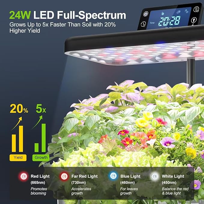 Hydroponic Growing System Kit With Operation Screen + 3 Free Seeds (Lettuce, Salad Mixed, Basil), 12 Pods Indoor Smart Gardening Herb Planter, 24W Full Spectrum LED Grow Light Growing System (Black)