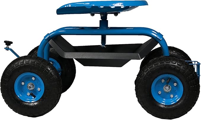 Sunnydaze Rolling Garden Cart with Seat - Garden Stool with Wheels and Adjustable 360-Degree Swivel Seat - Utility Tool Tray and Storage Basket - Blue