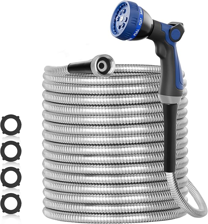 SPECILITE 100ft 304 Stainless Steel Garden Hose Metal, Heavy Duty Water Pipe with Nozzles for Yard, Outdoor - Flexible, Never Kink & Tangle, Puncture Resistant (Sliver)