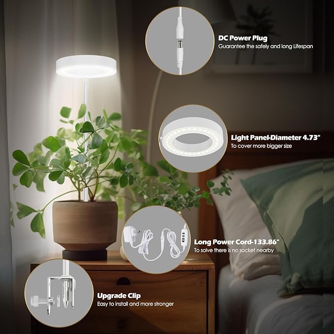 GLOWRIUM Grow Lights for Indoor Plants, Full Spectrum LED Grow Light Floor Lamp with Stand Adjustable Height and Angle, Black Plant Light with 3/9/12H Grow Light Timer (White, 6W)
