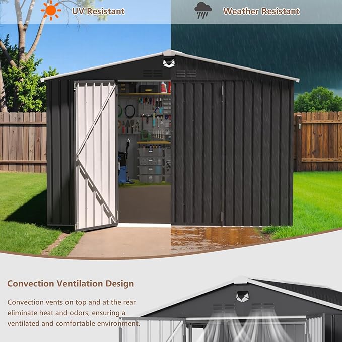 10x12 FT Outdoor Storage Shed, Metal Sheds & Outdoor Storage, Waterproof Sheds with Lockable Doors for Backyard