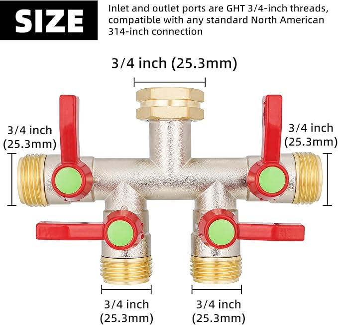 Hose Splitter 4 Way, High Flow Garden Hose Splitter, 3/4” Ght Inlet Brass Heavy Duty Hose Converter, Full Flow water 4 Way Faucet hose splitter, Long Handle Hose Valve Large Outlet.