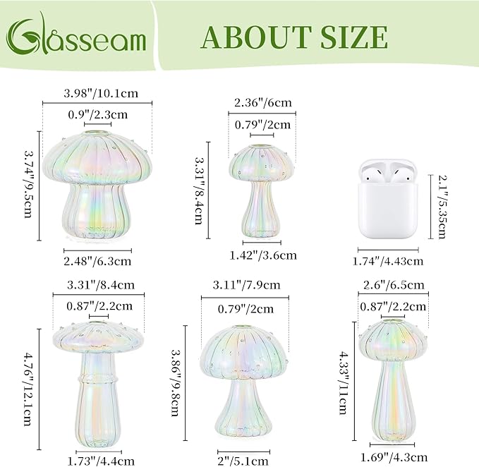 Glasseam Mushroom Propagation Stations for Plants: Iridescent Propagation Vase of 5 Glass Hydroponic Jars for Home Room Window Table - Unique Mushroom Decor Gifts for Plant Lovers
