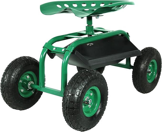 Sunnydaze Rolling Garden Cart with Swivel Seat and Storage - Rolling Garden Seat with Wheels - Gardening Stool with Wheels - Green