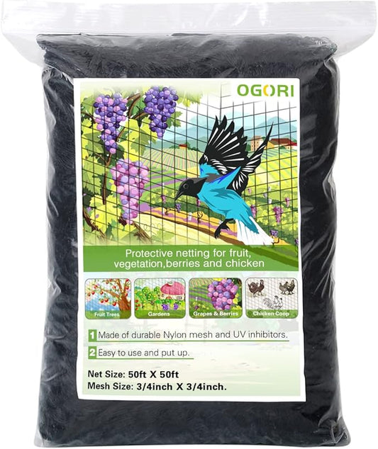 OGORI 50' x 50' Bird Netting Heavy Duty Nylon 3/4" Mesh Garden Netting Protect Fruit Trees, Plants and Vegetables