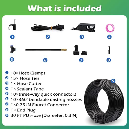 Drip Irrigation System 30 FT with 10 Nozzles, 360° Adjustable Bendable Garden Watering Misting System for Greenhouse, Yard, Lawn, Plant, Garden, 0.3 inch Hose