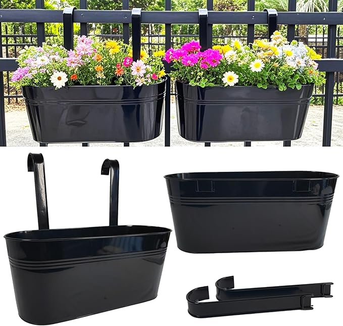 Hanging Planters for Outdoor Plants, 17" Railing Planter Pots, Metal Fence Flower Pot for Porch Balcony with Detachable Hook (Black, Pack of 2)
