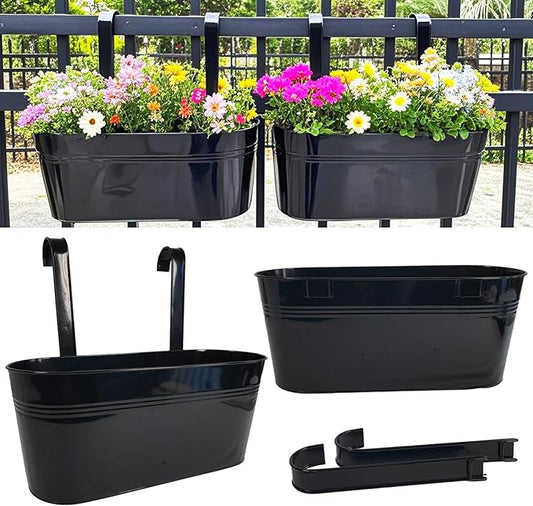 Hanging Planters for Outdoor Plants, 17" Railing Planter Pots, Metal Fence Flower Pot for Porch Balcony with Detachable Hook (Black, Pack of 2)