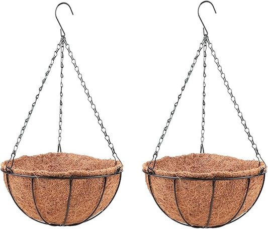 LaLaGreen Outdoor Hanging Baskets (2 Pack, 10 Inch) Hanging Planter with Coco Liner, Metal Round Wire Flower Pots Holder Hanger Hook for Deck Patio Porch Garden Balcony Outside Decor Decoration