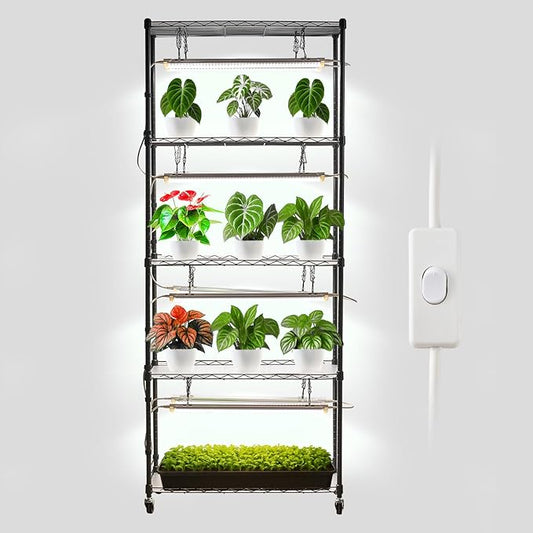 VEVOR DIY Plant Shelf with Grow Lights, 71 in Tall Indoor Plant Stand with Wheels, 192W 5000K Full Spectrum Grow Lights, Heavy Duty Metal Plants Display Rack, Flower Pot Holder for Seed Starting