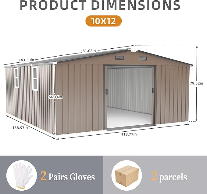 10x12 FT Outdoor Storage Shed, Extra Large Metal Shed with Lockable Doors,Vent & 2 Windows, All-Weather Tool Shed Storage House for Backyard,Garden,Patio, Lawn, Brown
