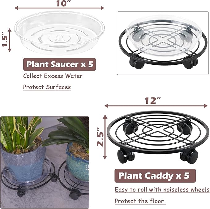 12" Metal Plant Caddy with Wheels 5 Packs Large Rolling Plant Stands Indoor Wheeled Plant Dolly Heavy-duty Pot Mover Roller Base Outdoor Plant Trolley Cart with Brake Water-proof Dust-proof, Black