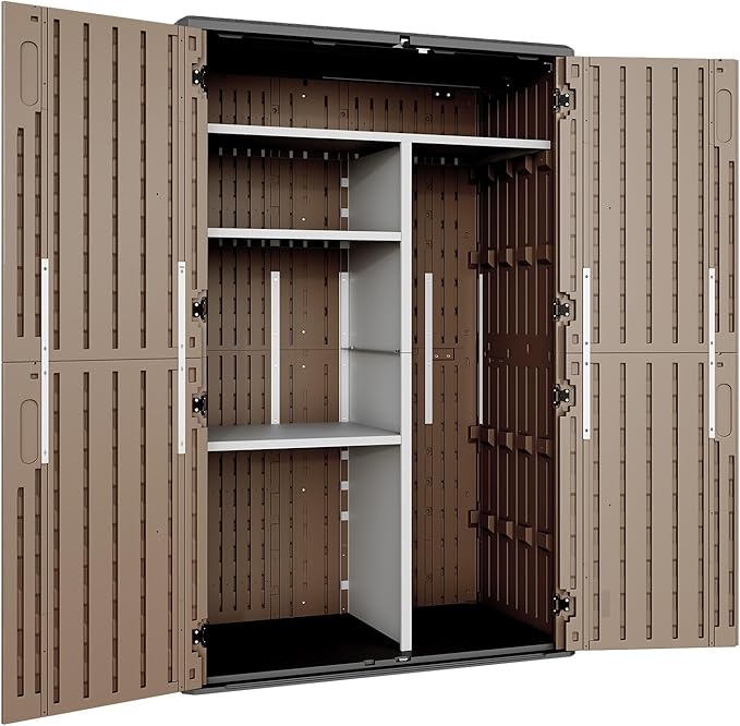Aoxun Outdoor Storage Shed with Metal Shelving Kit & Floor, 64 Cu.Ft Large Outdoor Storage Cabinet, Waterproof Vertical Resin Shed for Garden Tools, Pool Equipment, Brown