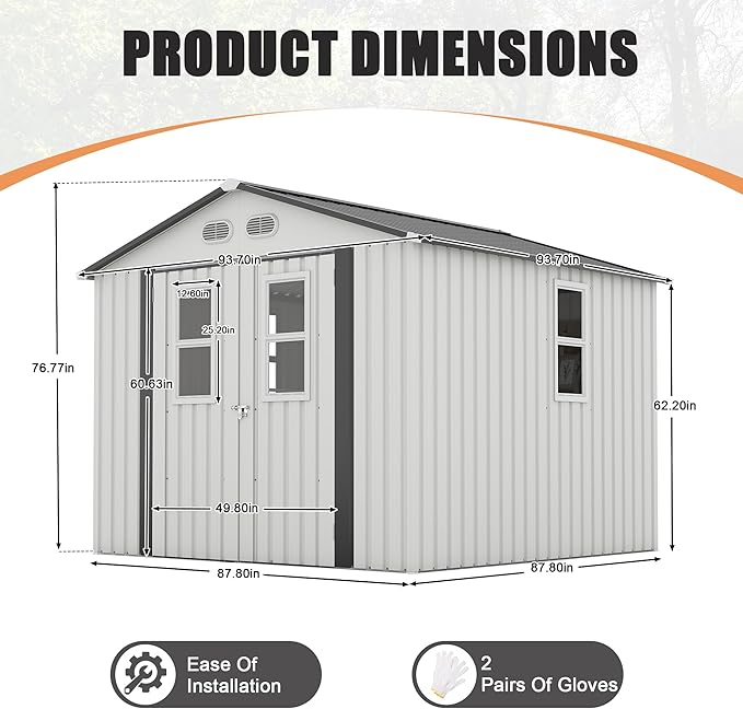 8x8 SF Outdoor Storage Shed,Metal Shed with Lockable Doors & 4 Daylight Windows,Garden Tool Shed w/Air Vents & Sloped Roof, Ideal for Backyard,Patio,Lawn,White