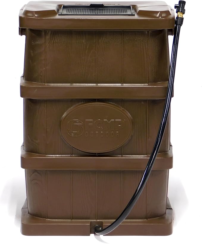 FCMP Outdoor Slim Line Design 45-Gallon Wood Grain Outdoor Home Rain Water Catcher Barrel Flat Back Container with Spigots and Mesh Screen, Brown