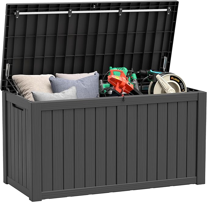 Outdoor Storage Box, Resin Deck Boxes Indoor and outdoor, Waterproof Storage Box Lockable Lid (Black, 150 Gallon)