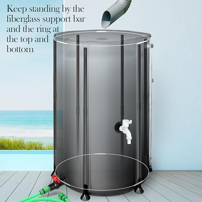 100 Gallon Collapsible Rain Barrel for Garden/Outside/Lawn, Portable Rainwater Collection System, Rain Barrel to Collect Rainwater from Gutter, Water Storage Tank with Two Spigots, Overflow Kit, Black