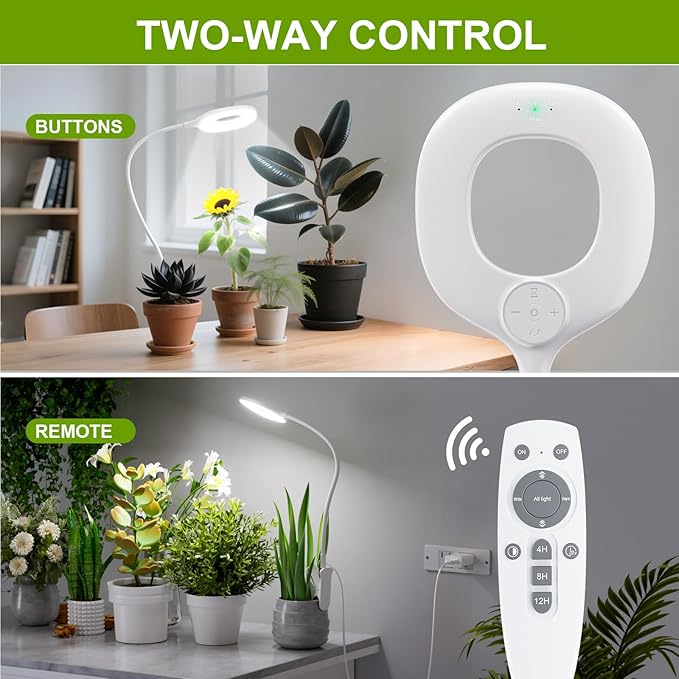 Full Spectrum Grow Lights for Indoor Plants, Clip On Plant Lights for Indoor Growing with 4/8/12H Timer, 3 Light Modes, 10 Dimmable Levels, Adjustable Gooseneck, Remote Control
