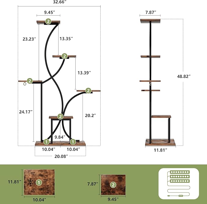 Plant Stand Indoor with Grow Lights, 6 Tiered Indoor Plant Shelf, 48'' Corner Plant Stands for Indoor Plants, Lighted S-Shaped Plant Rack, Tall Flower Holder Display for Living Room, Home (Black)