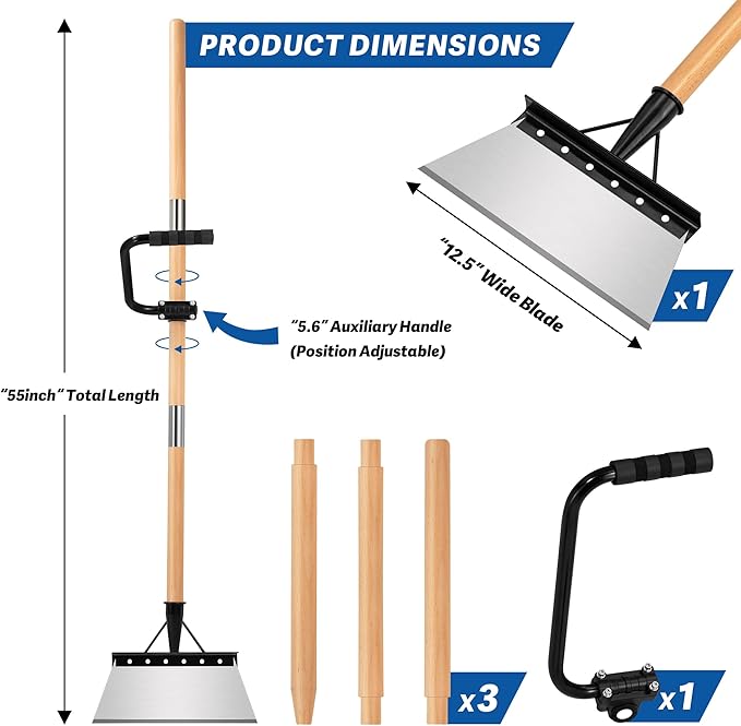 Snow Shovel with 47.24" Long Handle, 9.25" Widened Garden Flat Shovel Ergonomic Auxiliary Handle for Weeding, Lawn Edging, Snow Removal, Ice Scraping-Tool-Free Assembly&Storage