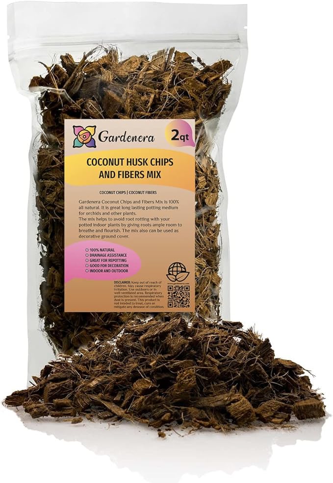 Premium Coconut Husk Chips and Fibers Mix for Orchids, Houseplant, Monstera and Fiddle Leaf Fig by GARDENERA (2 Quart Bag)