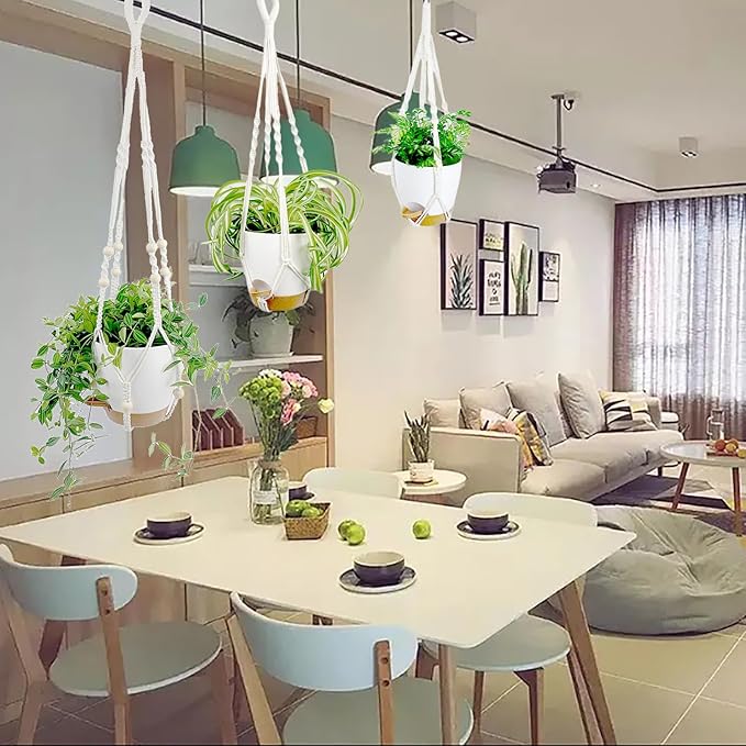 Hanging Planters with Macrame Plant Hangers for Indoor Outdoor Plants,3 Set Hanging Baskets Flower Pots Holders 35‘’/27‘’/21‘’,Self-Watering Pots 7‘’/6‘’/5.5‘’,Boho Home Decor (White)