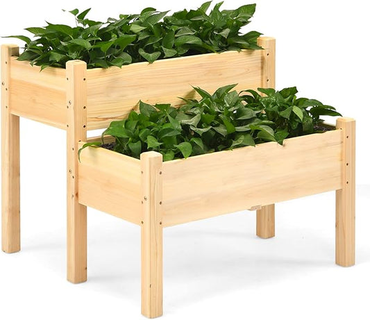 RELAX4LIFE 2-Tier Raised Garden Bed - Fir Wood Garden Elevated Planter Box with Legs, 8 Drainage Holes,220 Capacity for Growing Vegetable, Elevated Garden Bed for Outdoor Yard Patio Balcony (Natural)