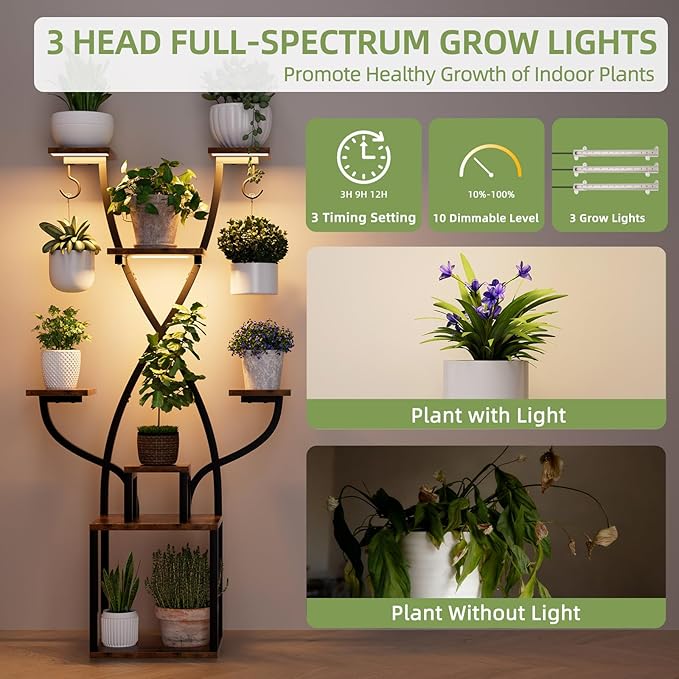 Plant Stand Indoor with Grow Lights - 8 Tier Metal Shelf for Multiple Plants, 64" Corner Stand for Indoor Plants, X-Shaped Plant Rack for Home, Living Room, Office, Patio