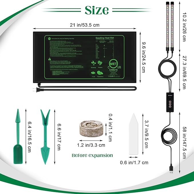 Seed Starter Kit 40-Cell Seed Starter Tray with Grow Lights Full Spectrum Seedling Heat Mat 40 Peat Pellets Seed Starting Soil Plant Labels Garden Tools for Germination Seeds Growing, Green