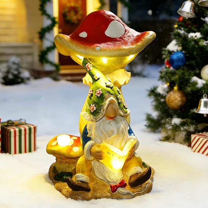 Christmas Gnomes Outdoor Statue Gnome Reading Under Mushroom with 5 LED Solar Figurine for Lawn,Patio,Balcony,Yard Decor Unique for Grandfather, Father,Grandma,Wen