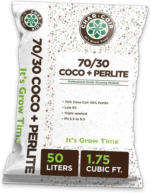 Char Coir 70/30 Coco + Perlite, Loose Fill Blend, 100% RHP Certified Coco Coir, Buffered, pH Stable, Low EC, Triple Washed, Hydroponics, Flowers, Vegetables and More, 50 Liters, 1.75 Cu Ft