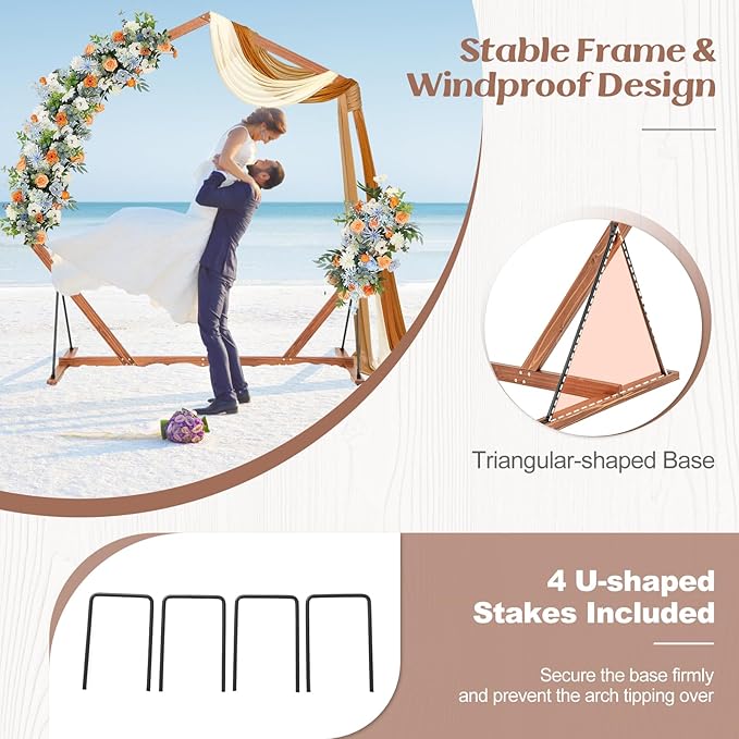 S AFSTAR 7FT Heptagon Wedding Arch, Wood Backdrop Stand With Triangular-Shaped Base, 4 U-Shaped Stakes, Indoor Outdoor Round Flower Balloon Stand for Ceremony Party