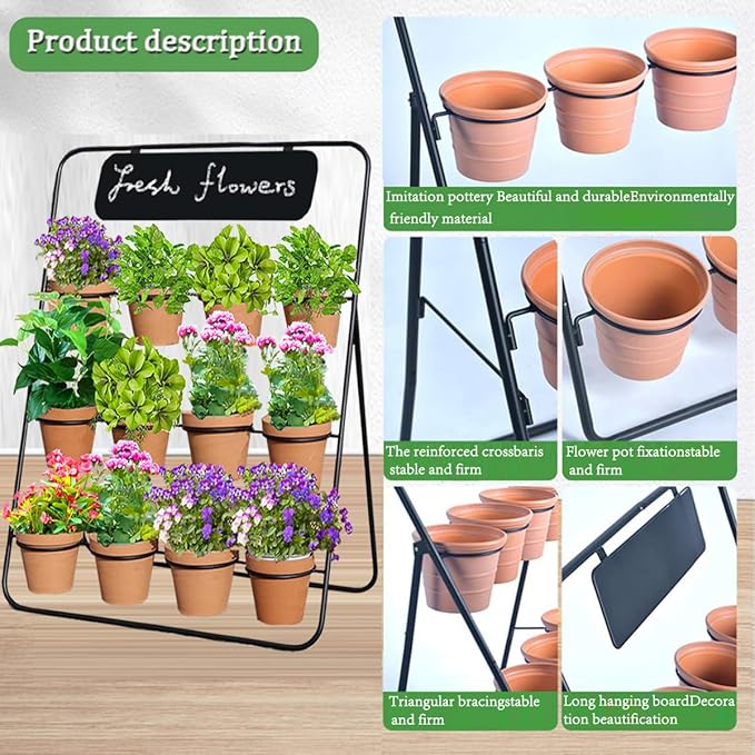 Flower Display Stand with Blackboard & 12 pcs Buckets , 3 Layers Metal Flower Cart, Plant Holder Rack for Indoor, Outdoor Patio Garden, Living Room, Florist, Ideal for Flower Shops